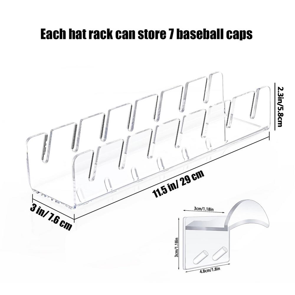 Baseball Cap Holder Acrylic Hat Display Rack For 7 Ball Caps Space Saving Stand Shelf With 2 Self-Adhesive Hooks No Install Home