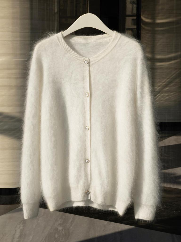 Women's Flocked 100% Cashmere Sweater: Stylish Round Neck Knit Cardigan for Autumn/Winter