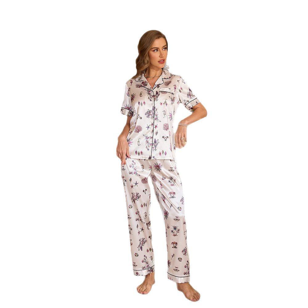 Yaoting Damen Sommer Pyjama Set - Kurzarm, Lange Hose, Modisches Revers, Druckdesign, Lässige Homewear TZ3431