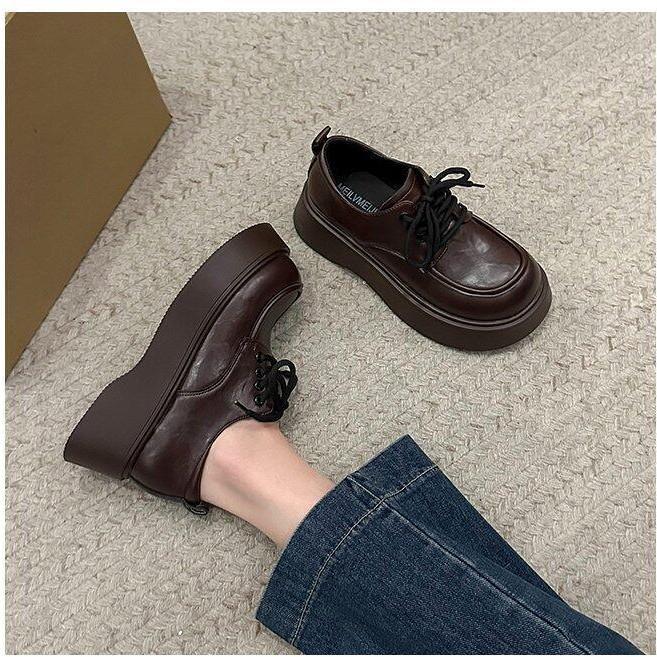 British Style Big Head Small Leather Shoes Women's 2025 Spring and Autumn New Black Lace-up Loafers Retro Versatile Platform Single Shoes