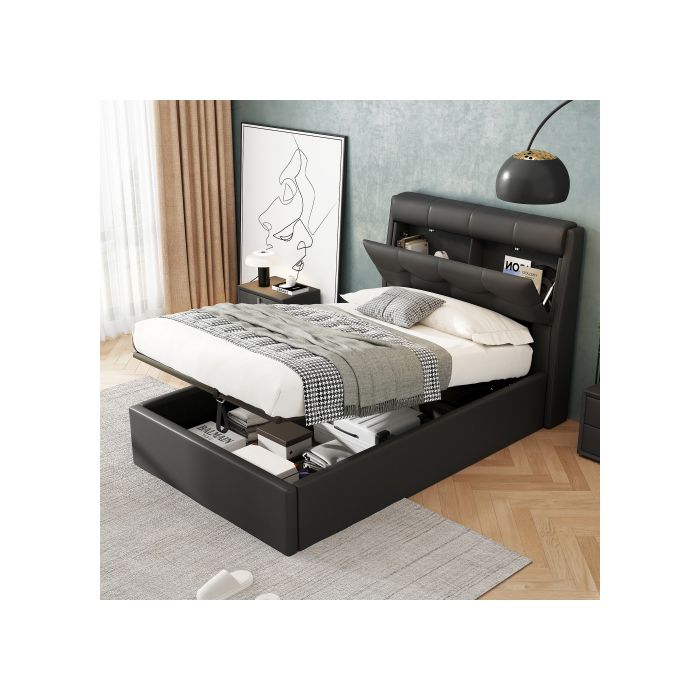 Lit - MUVOE - 90x200 - Hydraulique - Noir - Rangement dissimulé