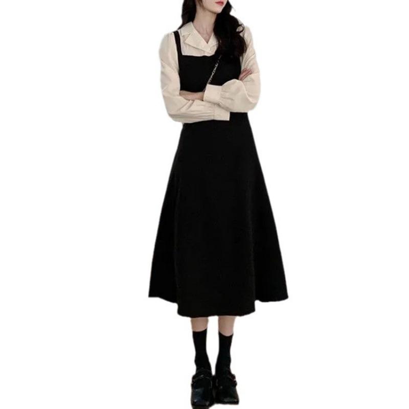Women's Fake Two Suspenders Long Sleeve Dress Waist Slimming Hepburn Style Dress