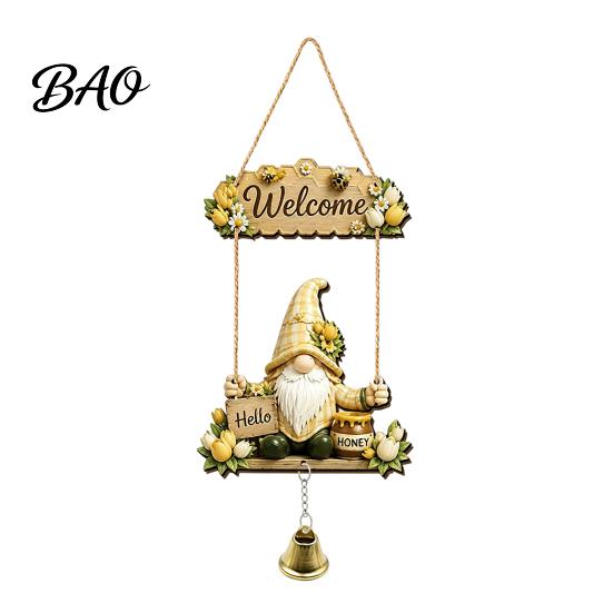 Outdoor Courtyard Decoration Wooden Gnome Door Hanger with Bell, Country Garden Welcome Sign Front Porch Hanging Swing Wall Plaque, Farmhouse Ornament