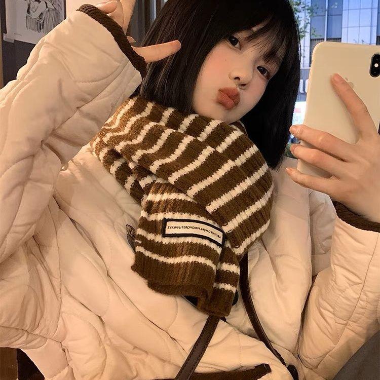 Striped Knitted Wool Scarf Korean Style Women's Winter Pure Student Couple Warm Thickened Versatile Men's Neck Warmer