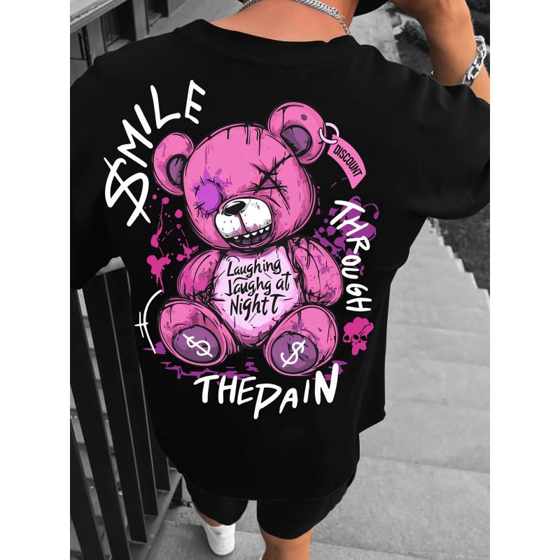 Men'S Streetwear Graphic T-Shirt - Pink Cartoon Bear Print with "Smile" & "Laughing at Night" Design, Loose Fit Round Neck Summer Tee, Machine