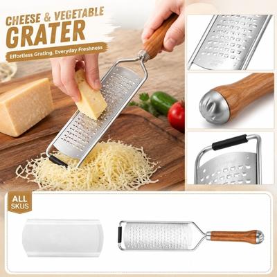 Stainless Steel Handheld Grater with Wooden Handle Flat Surface for Cheese Potato Vegetable Fruit Shredding and Slicing Kitchen Tool