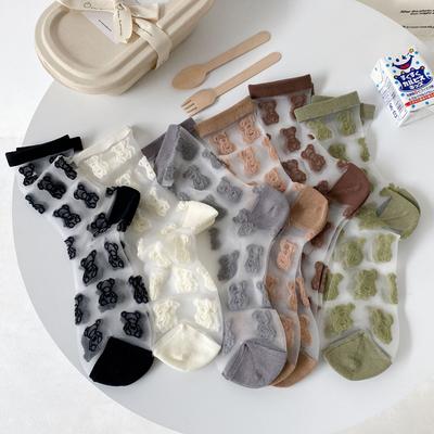5 Pairs of Girls Spring and Summer Lovely Bear Tide Transparent Glass Silk Tube Socks