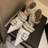Internet Celebrity Thick Heel Bag Head Sandals Women's Roman Straps Shoes Middle Heel One Word with Rivets Pointed Shoes Hollow Single Shoes