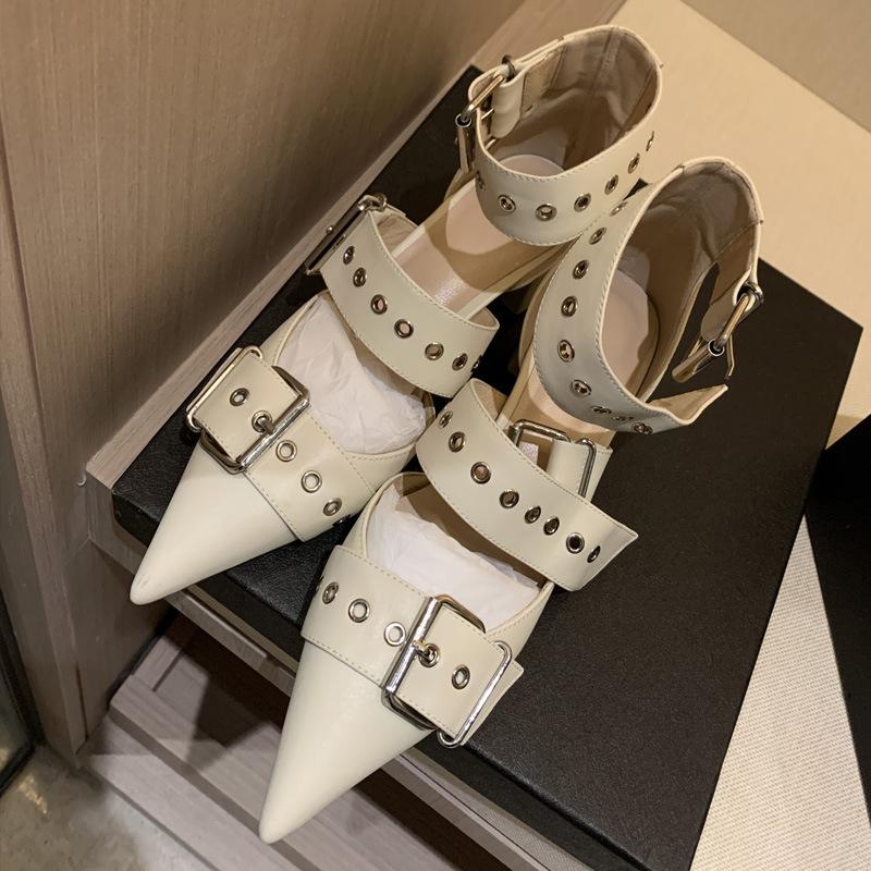 Internet Celebrity Thick Heel Bag Head Sandals Women's Roman Straps Shoes Middle Heel One Word with Rivets Pointed Shoes Hollow Single Shoes