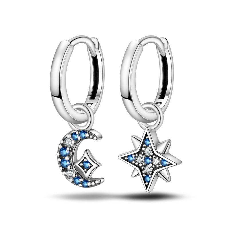Fashion 925 Silver Color Earrings Blue Zircon Stars Moon Irregularity Earrings For Woman Fine Birthday Jewelry Gifts