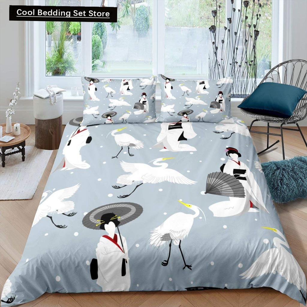 Japanese Style King Queen Duvet Cover Koi Fish Cherry Bedding Set Ukiyo-E Geisha Quilt Cover Sun Crane Polyester Comforter Cover