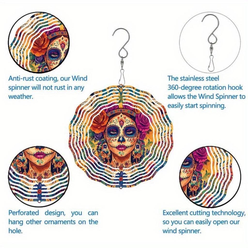 2D Mandala Wind Chime with Colorful Day of the Dead Skull Design Metal Outdoor Garden Decor for Patio Balcony Thanksgiving Christmas Gift