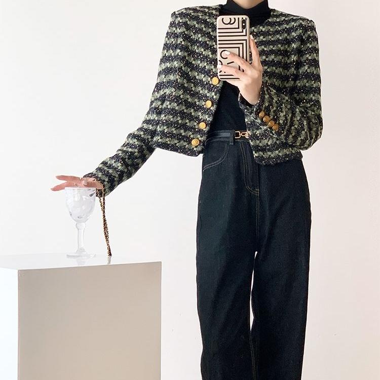 Green Striped Plaid Retro Short Jacket for Women, Elegant and Fashionable Woolen Coat