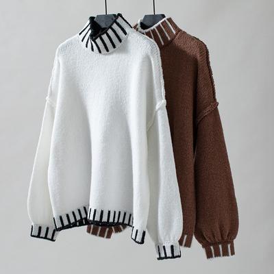 Women's Knitwear Fall/winter Loose-fitting Pullover Retro Color-blocked Turtleneck
