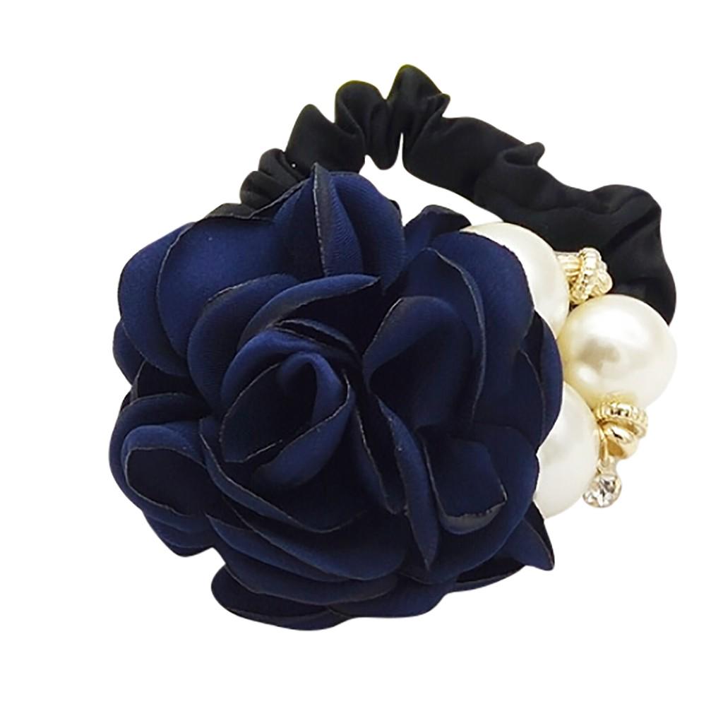 Women Big Rose Flower Pearl Rhinestone Hair Bands Girls Elastic Hair Rope Ring