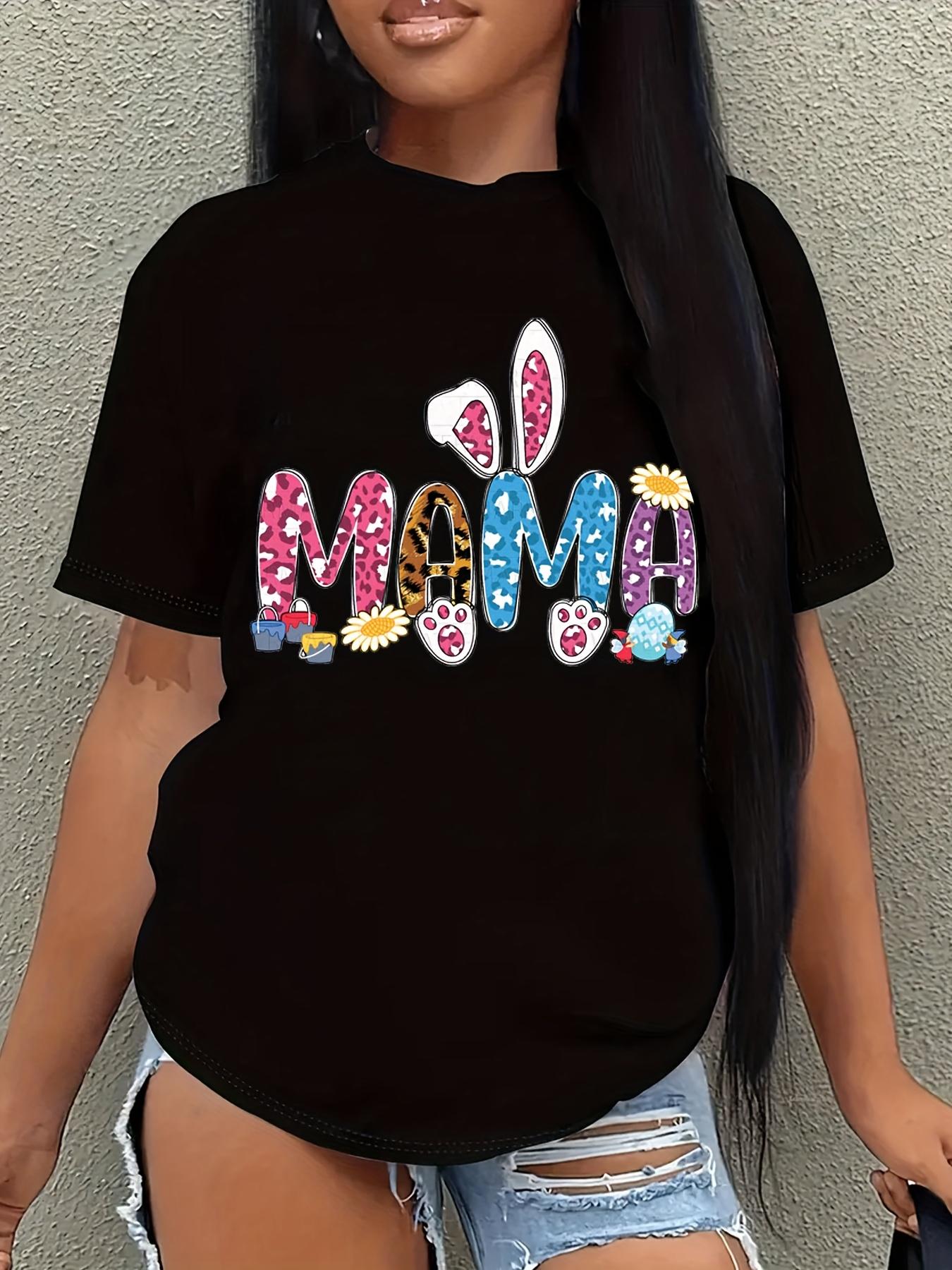 

European size Easter MAMA Cartoon Print T-shirt, Bunny Egg Casual Short Sleeve Crew Neck Tee For Spring And Summer Outdoor 4XL