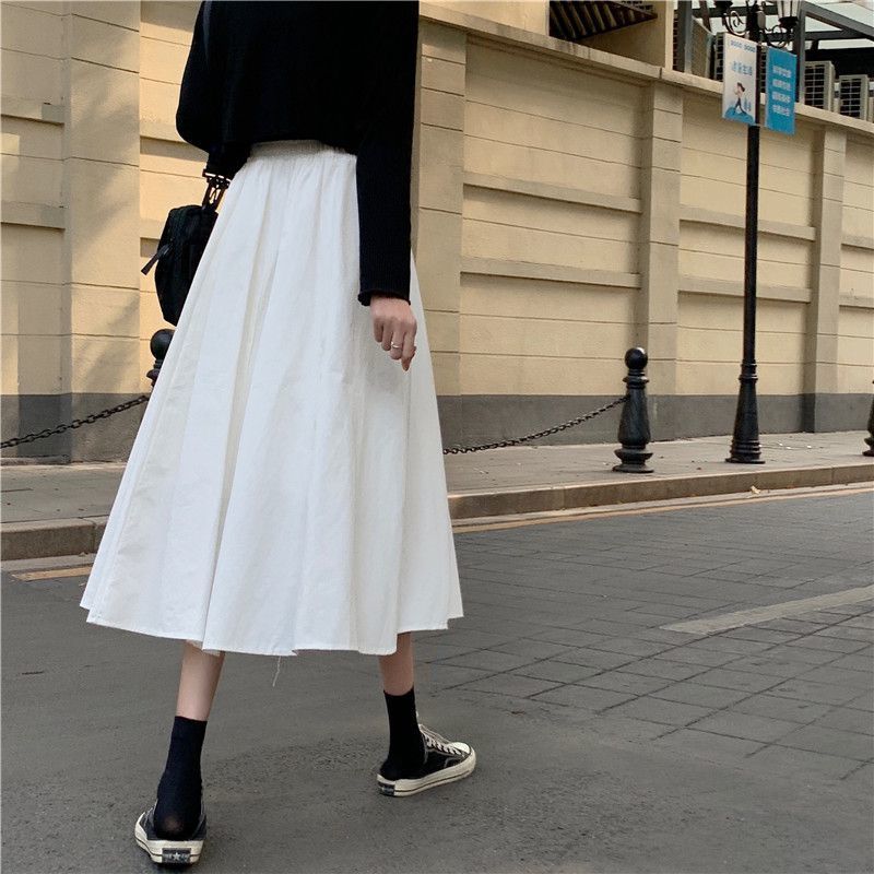 Women White Long Skirt Fashion Pockets Pleated Knee Length Skirts Autumn 2025 New Casual Elegant High Waist A Line Femme Skirts