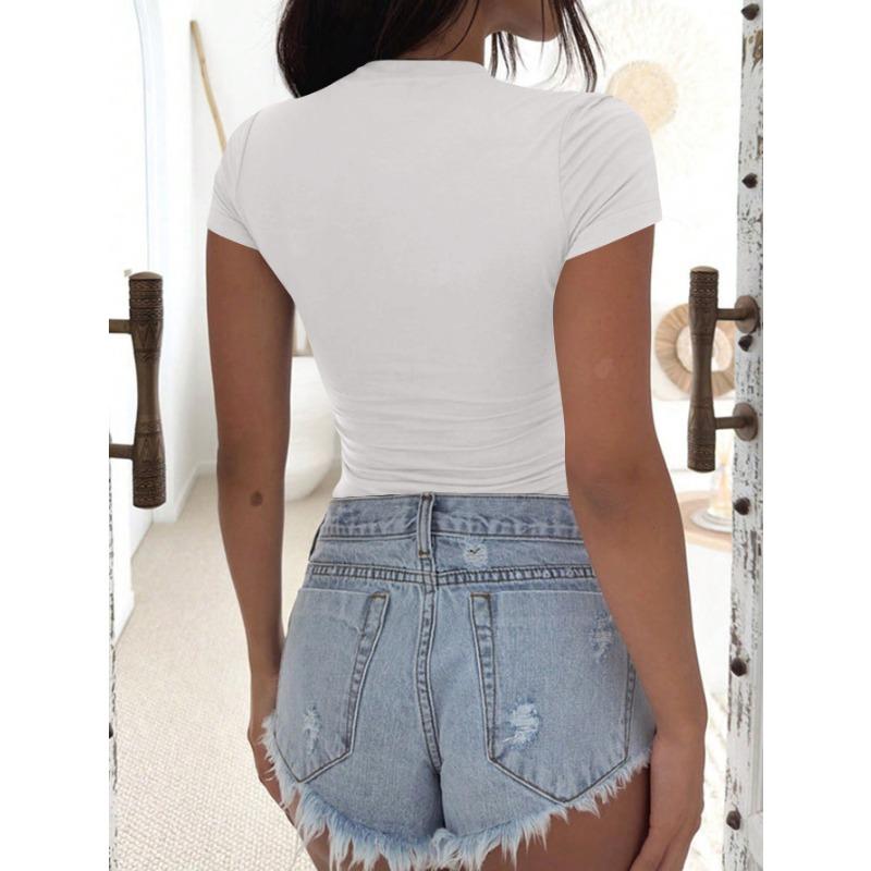 Women Fashion Slim Fit V Neck Short Sleeve Solid Cropped Casual T Shirt