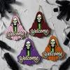 Front Porch Decor Halloween Skeleton Welcome Sign, Spooky Wooden Grim Reaper Shaped Door Rustic Hanging Sign Hanger, Horror Wall Plaque for