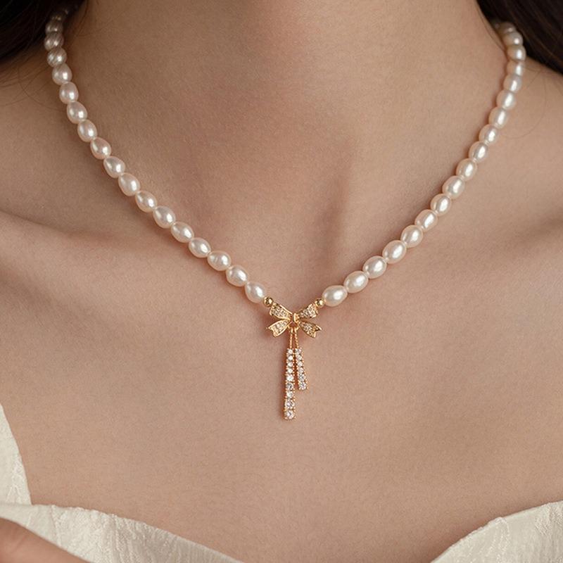Elegant Rice Freshwater Pearl CZ Zircon Bowknot Beaded Pendant Necklaces for Women 18K Real Gold Copper Chain Chokers