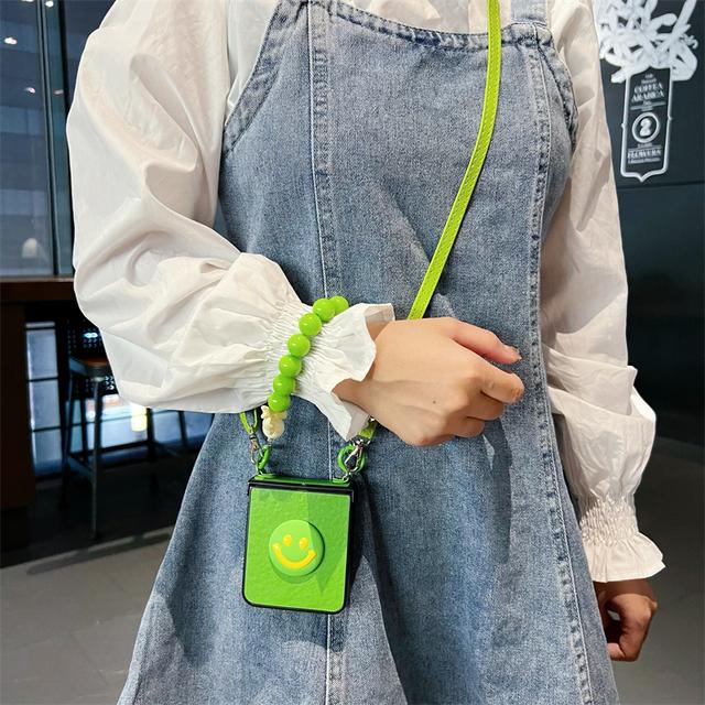 Cute 3d Face Beads Bracelet Hinge Protector Full Protection Phone Cover For Samsung Galaxy Z Flip 4 3 Case Crossbody Lanyard