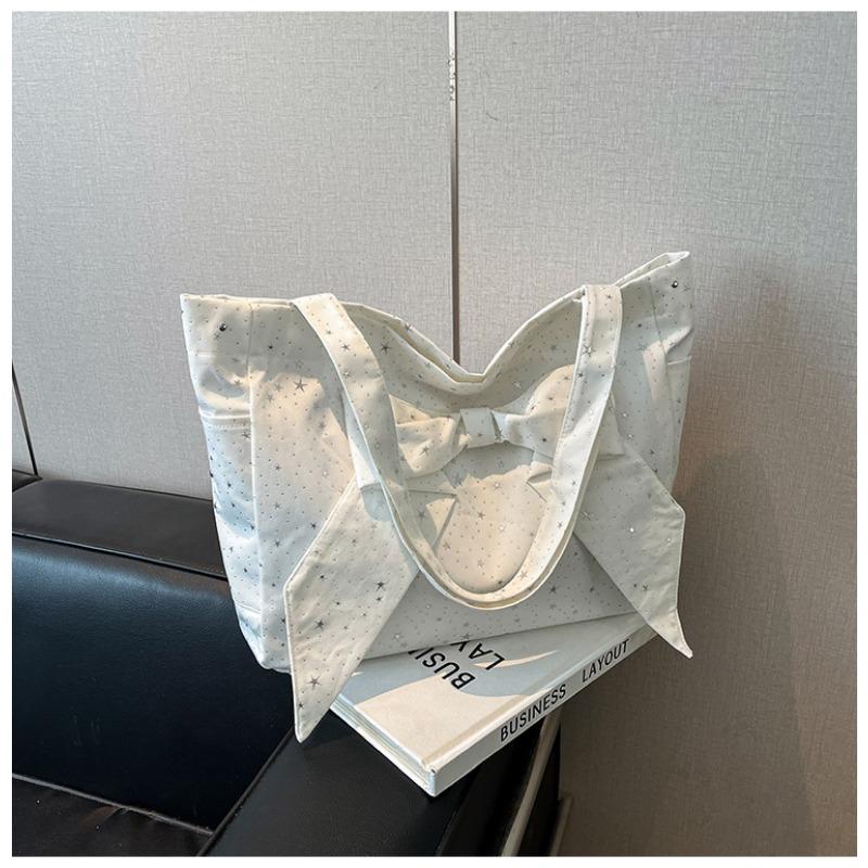 

Bow canvas bag new large capacity solid color shoulder bag fashion commuter casual tote bag women білий