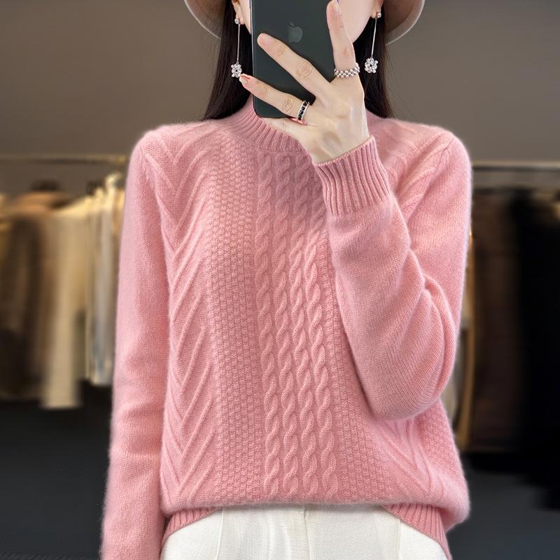 2023 Women's Autumn/Winter Thick Cable Knit Semi-High Neck Sweater