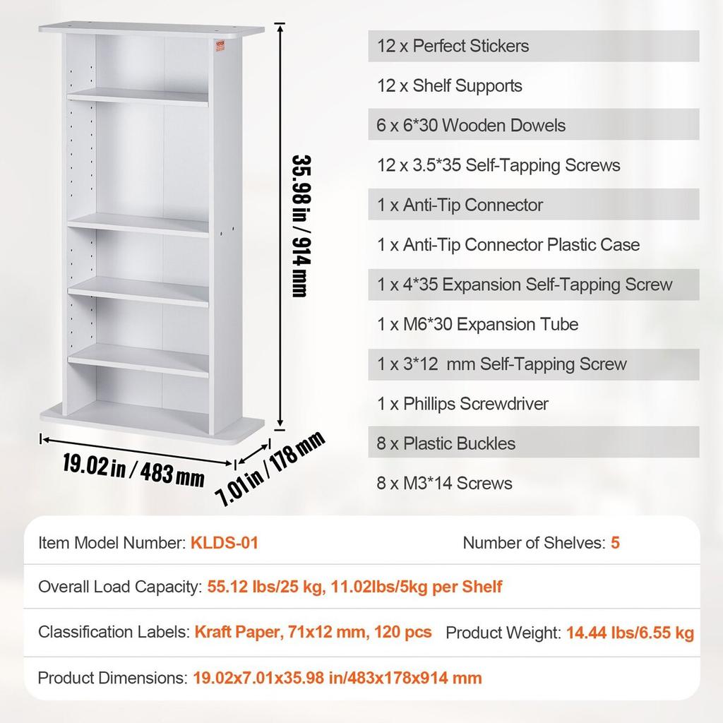 Media Storage Cabinet 5 Layers Adjustable DVD Shelves Holds 240 CDs White
