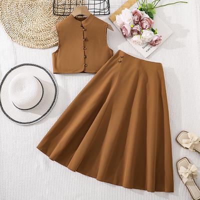 Girls' Fashionable Outfit - Summer Children's Simple Sleeveless Cardigan Jacket and Skirt Set