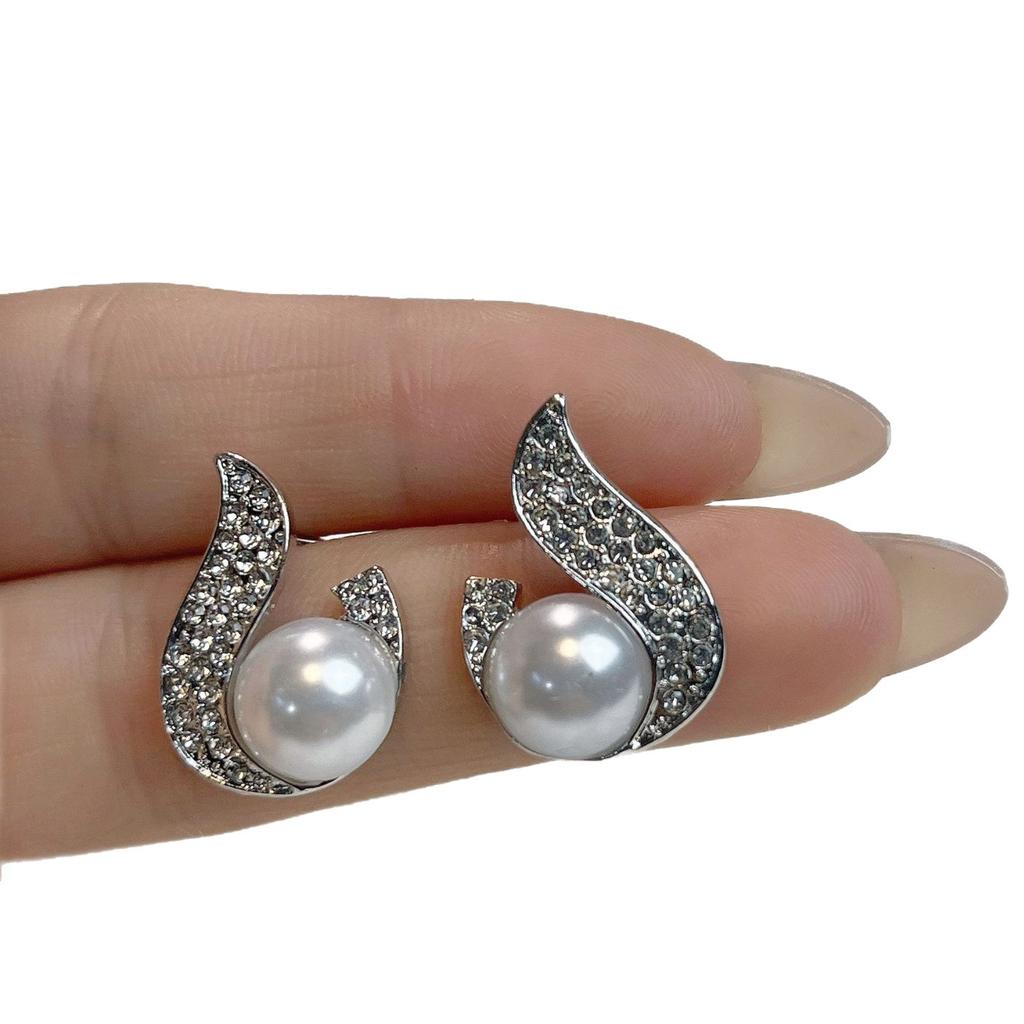 Light luxury full diamond flame pearl earrings women's new retro celebrity earrings versatile stud earrings