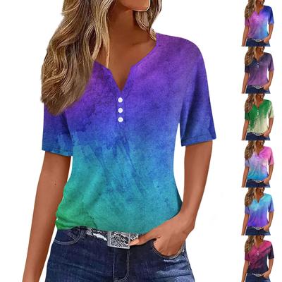 Damen-T-Shirt, T-Shirt, bedruckt, Knopfleiste, kurzärmelig, für den Alltag, Wochenende, modisch, Basic, V-Ausschnitt, normales Oberteil
