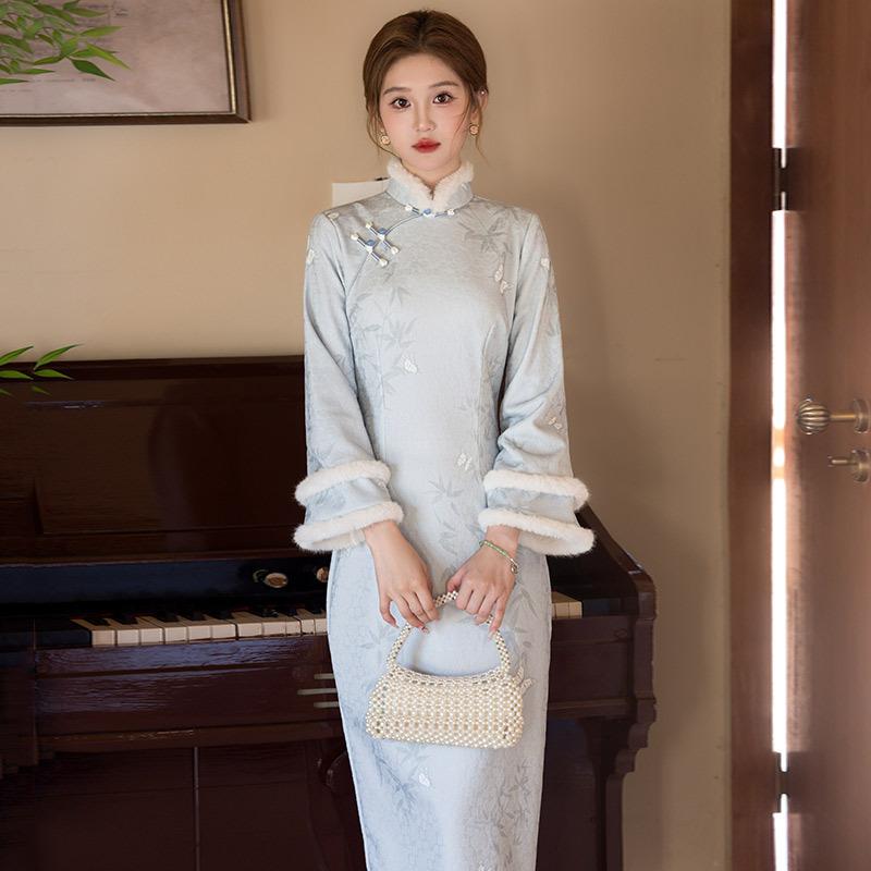 Pink velvet national style Suzhou long-sleeved improved cheongsam winter thick women's new Chinese-style high-end retro autumn and winter clothing