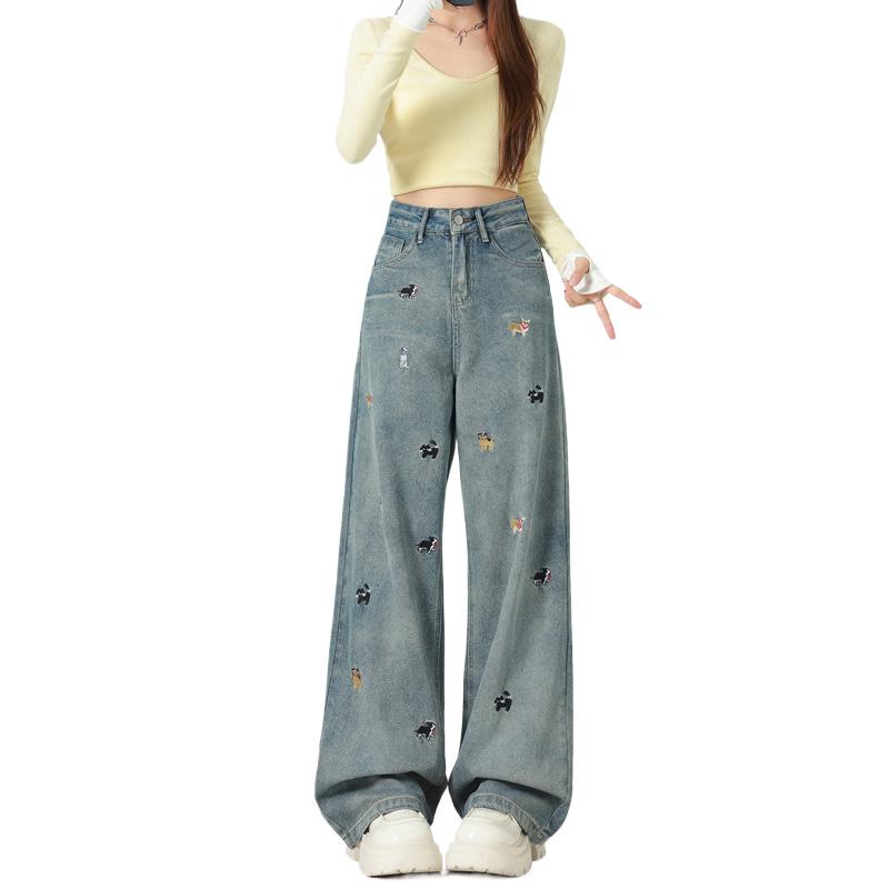Women's Embroidered Puppy High Waist Wide Leg Jeans - Autumn/Winter