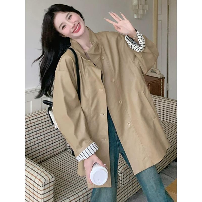 Khakifarbene PU-Lederjacke für Damen Mittellang Herbst Britischer Stil Lässige Leder-Windbreakerjacke für Damen