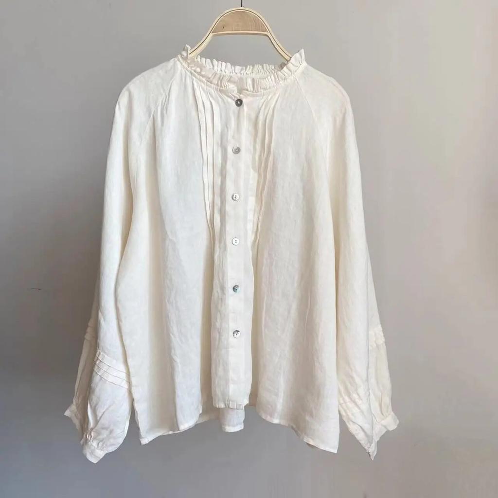 Johnature Bluze de damă cu volane, primăvară, vintage, culoare solidă, plisate, vrac, casual, simple, asortate