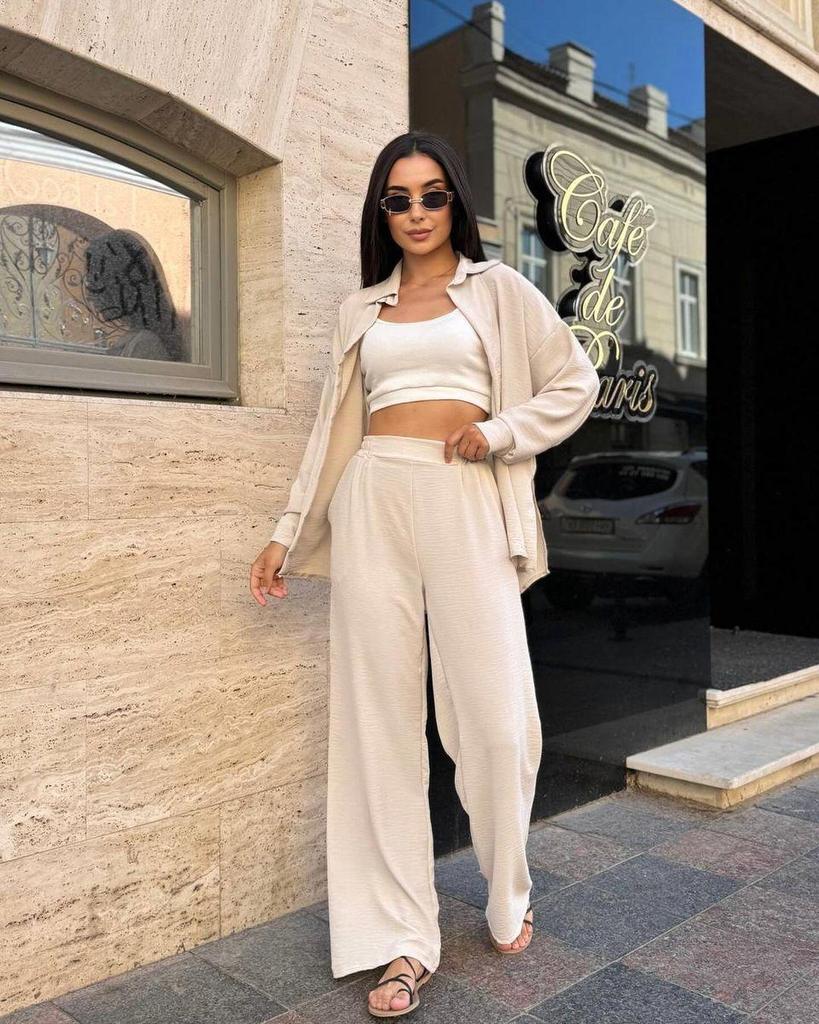 2024 European & American Style Autumn Solid Color Lapel Long Sleeve Shirt & Casual Pants Two-Piece Set