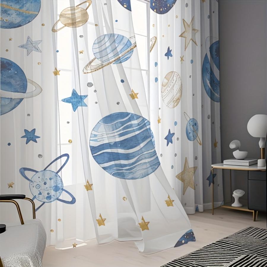 2 Pezzi Tenda Leggera Stampata Digitalmente, Stampa Pianeta Blu Spazio, Galassia Astronomica Cosmica per Soggiorno Camera da Letto Decorazione Casa