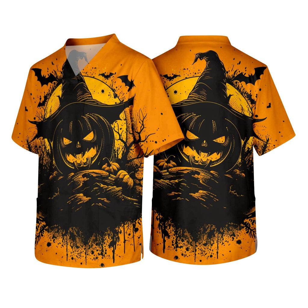 Men's V Neck Short Sleeve Halloween Print Medical Scrub Top with Chest Pocket and Two Lower Pockets Suitable for Healthcare Professionals