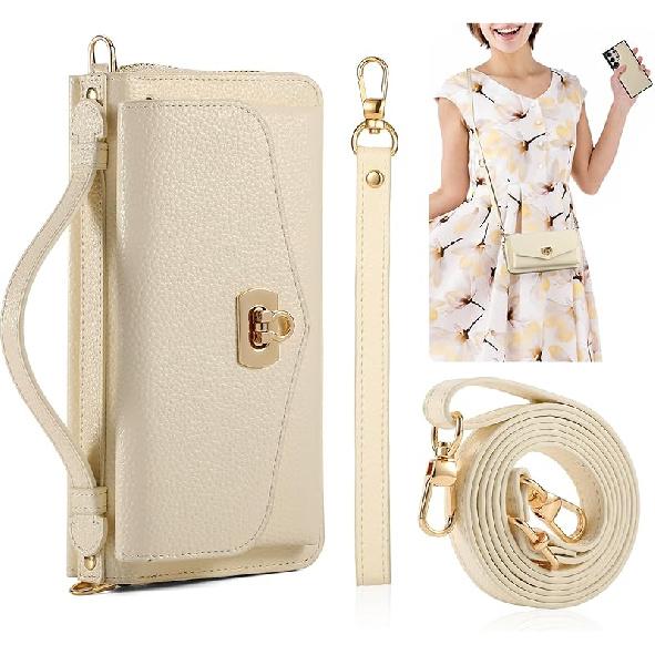 Кошелек-чехол через плечо для Samsung Galaxy S24 Ultra, Магнитный съемный флип-чехол из ПУ-кожи с держателем для карт, блокировкой RFID, ремешком на запястье, зеркалом Samsung Galaxy S24 Ultra