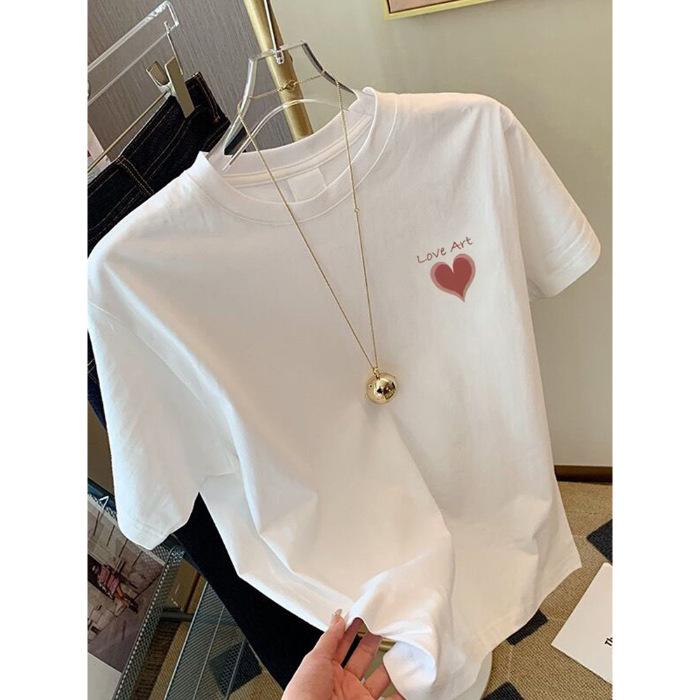 2025 spring and summer new white cotton short-sleeved t-shirt women's loose versatile round neck age-reducing cartoon printed top