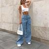 Dámské džíny s vysokým pasem, zapínání na knoflík a zip, rovné široké nohavice, denim
