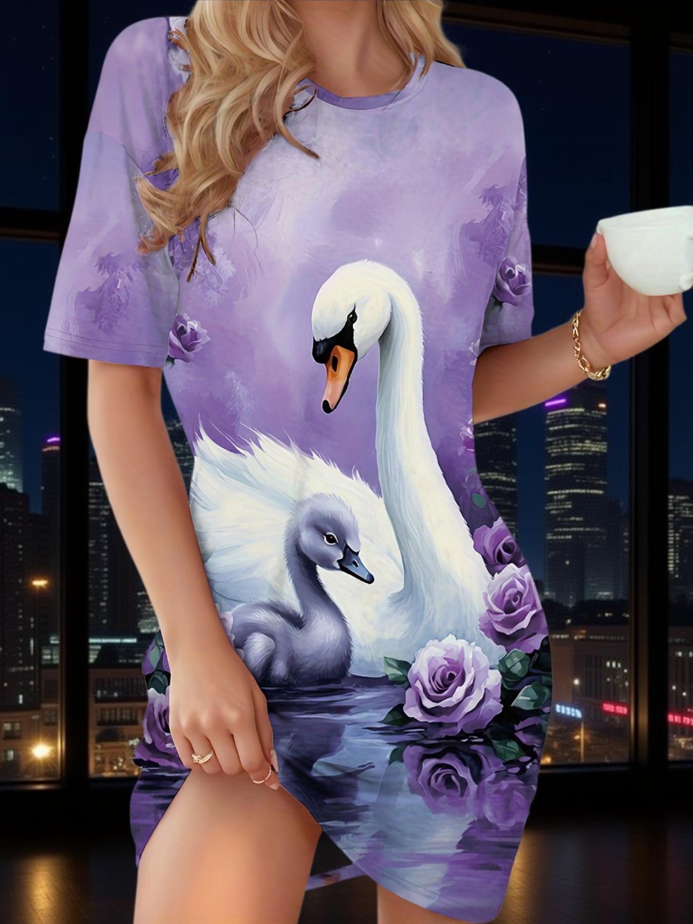 

Women S Elegant Swans ; Roses Print Nightgown - All-Season Sleepwear with Round Neck. Short Sleeve. and Floral Design. Lightweight ; Breathable Fabric M дубильна кора