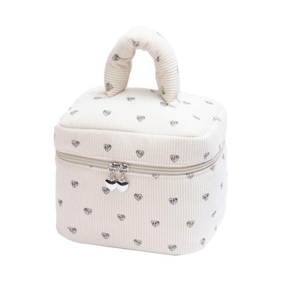 Corduroy Makeup Bag with Heart Pattern Portable Travel Cosmetic Bag Zipper Makeup Pouch Toiletry Organizer Purse for Women Girls