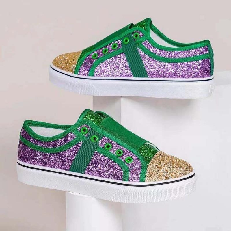 2021 summer new casual flat heel low-top shoelace-free color matching round head sequined canvas single shoes women
