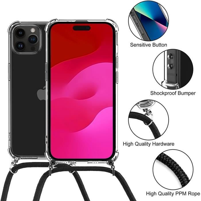 Coque - E.F.CONNECTION - pour iPhone 15 Pro - Ultra-transparente - Anti-traces de doigts - Bandoulière noire