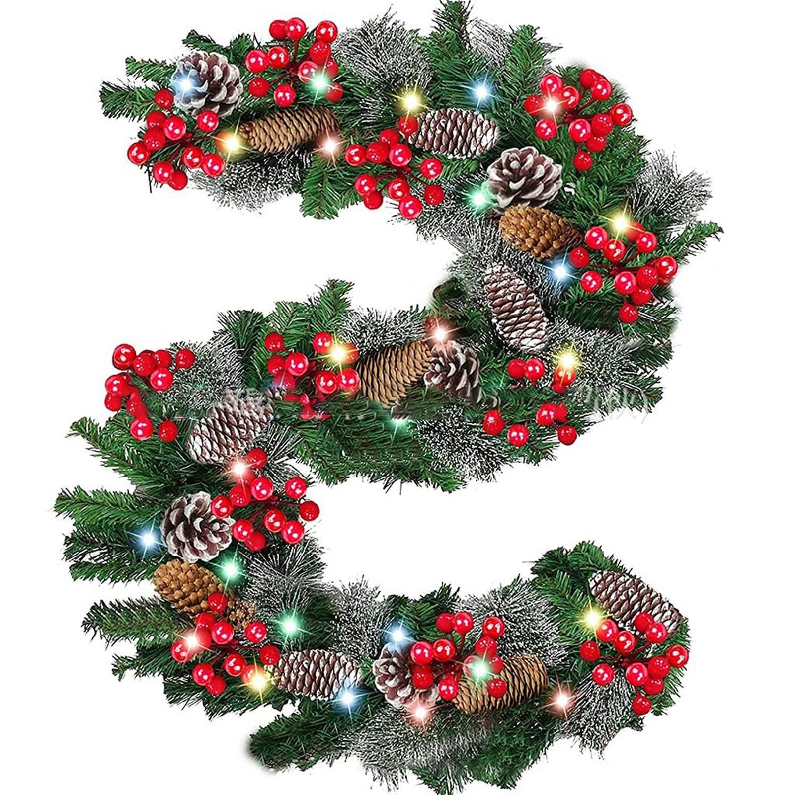 

Предварительно освещенная рождественская гирлянда 9 футов, Рождественский венок для улицы, на батарейках, 50 светодиодов, светящийся рождественский венок, красная ягода One Size