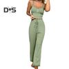 2 Pcs/Set Pants Top Suit Low-cut V Neck Sleeveless Solid Color Shirring Drawstring High Elastic Waist Lace Women Summer Pajamas Set Homewear Tank Top