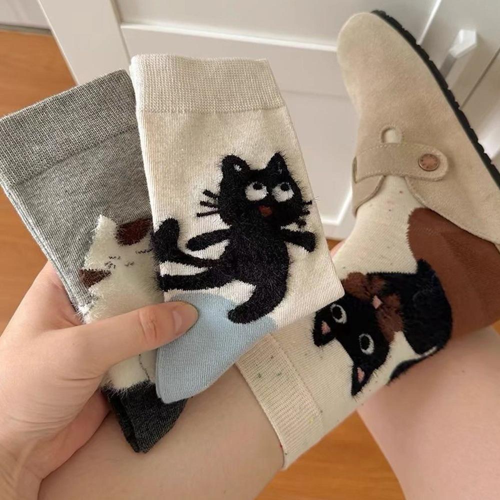4 Pairs Cat Printed Girls Socks Mid Length Black White Cat Casual Socks Comfortable Sweet Womens Stockings For Winter Fall