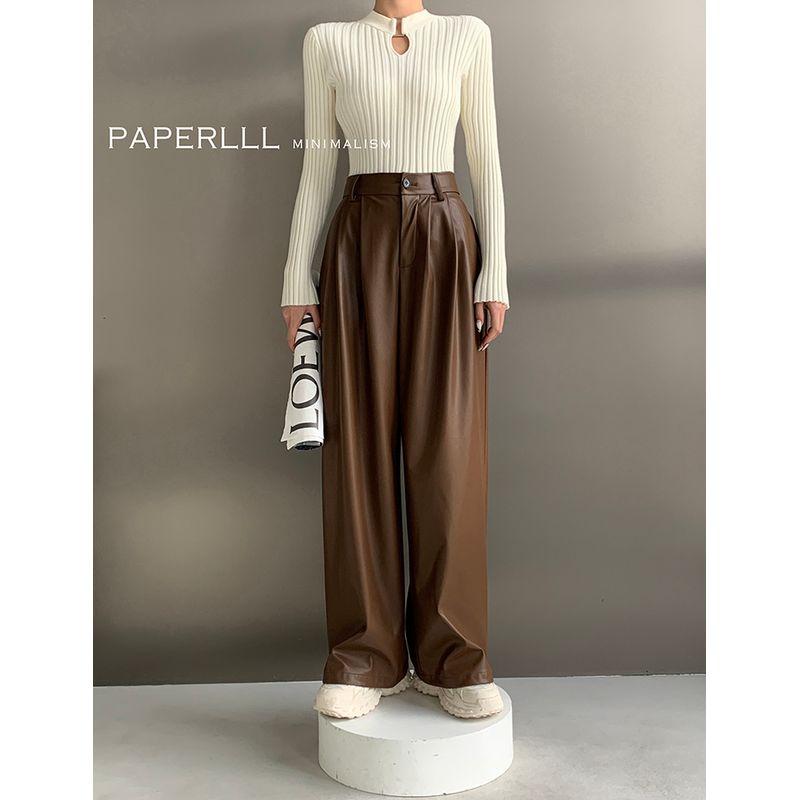 

Paperlll Crossbody High Waist Profile Leather Pants Female 2025 New Autumn/Winter Loose Pants Female Fashion Straight-Leg Trousers Retro Brown M