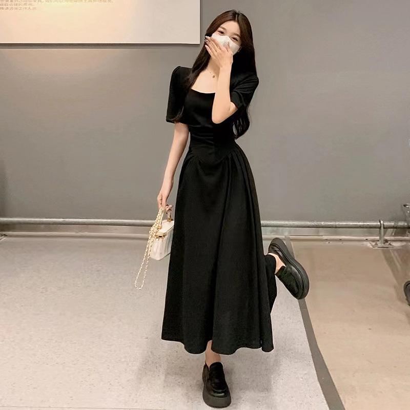 Black dress women's summer new French retro square collar waist and thin temperament Hepburn style long skirt